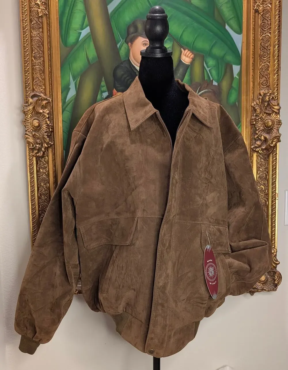 VTG NWT 90s GV Italy Camel Brown Vegan Leather Bomber Flight Jacket Mens Large
